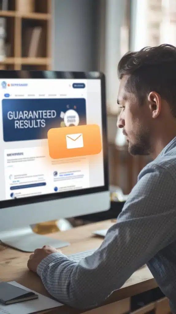 A man sitting at a desk, browsing a website on a computer screen that features the text "Guaranteed Results," likely related to SEO services in the Philippines. An orange email icon with a white envelope symbol floats in front of the screen. The workspace includes a wooden desk with a notebook and pen, with shelves and a window visible in the blurred background.