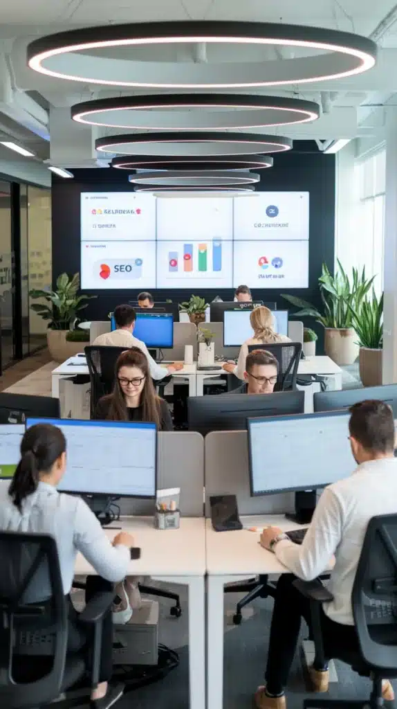 A modern office environment with a team of professionals working on computers, focusing on digital marketing strategies and performance analytics displayed on large screens. This image represents the dynamic and collaborative nature of SEO services in the Philippines.