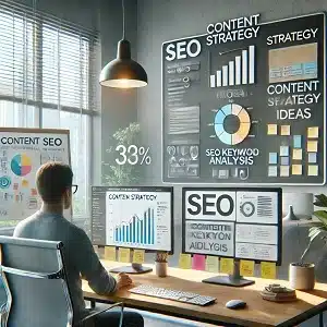 A diagram showcasing the interconnected relationship between content, SEO, and keyword strategy. The circular flow with arrows highlights how an SEO specialist integrates these elements to achieve optimization and drive results.