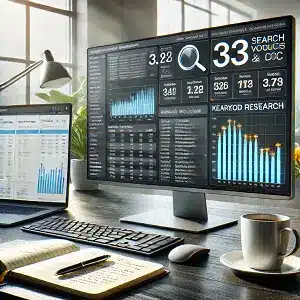 A computer monitor on a desk displaying data visualizations and statistics, including charts, graphs, and numbers, used by an SEO specialist to analyze performance metrics. The desk also features a laptop, keyboard, mouse, notebook, and pen.