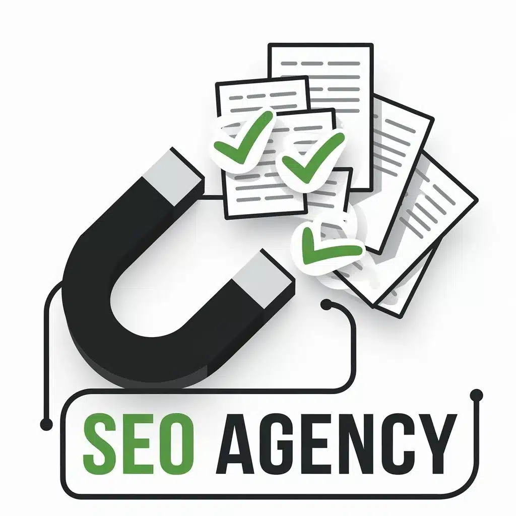 An illustration of a magnet attracting documents with checkmarks, symbolizing effective strategies provided by an SEO agency, highlighting expertise in SEO services Philippines.