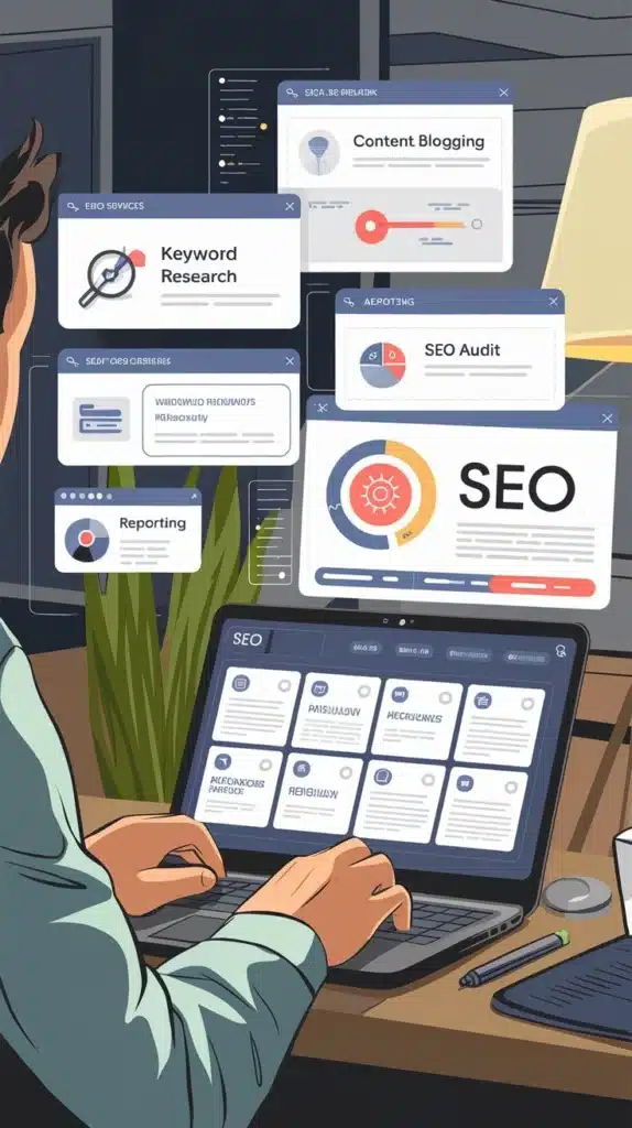 A digital marketer working on a laptop with multiple floating windows displaying SEO tasks such as keyword research, content blogging, SEO audits, and reporting. This visual represents the comprehensive process of SEO services in the Philippines.