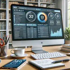 A computer monitor displaying a detailed website audit report with various metrics and charts, showcasing the work of an expert SEO. The monitor sits on a desk alongside a keyboard, mouse, smartphone, notebook, and coffee cup, reflecting a professional SEO workspace.