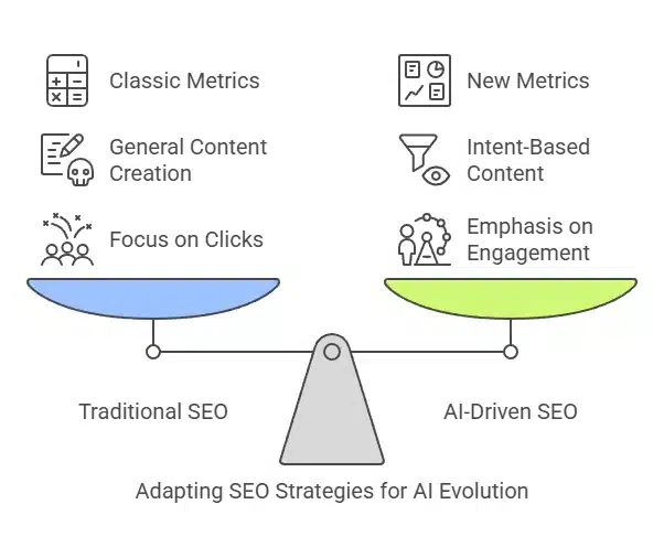 A comparison chart illustrating the balance between Traditional SEO and AI-Driven SEO, represented by a scale. The Traditional SEO side (blue) highlights "Classic Metrics," "General Content Creation," and "Focus on Clicks." The AI-Driven SEO side (green) emphasizes "New Metrics," "Intent-Based Content," and "Emphasis on Engagement." The title at the bottom reads, "Adapting SEO Strategies for AI Evolution.