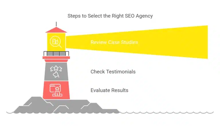 A lighthouse graphic with the beam of light highlighting "Review Case Studies." The body of the lighthouse shows "Check Testimonials" and "Evaluate Results," representing key steps in choosing an SEO agency