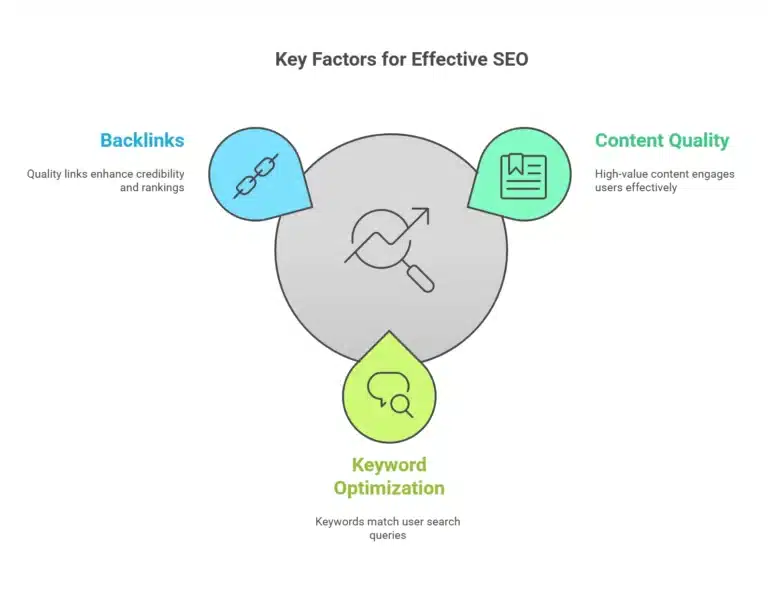 A graphic illustrating three key factors for effective SEO: Backlinks, Content Quality, and Keyword Optimization.