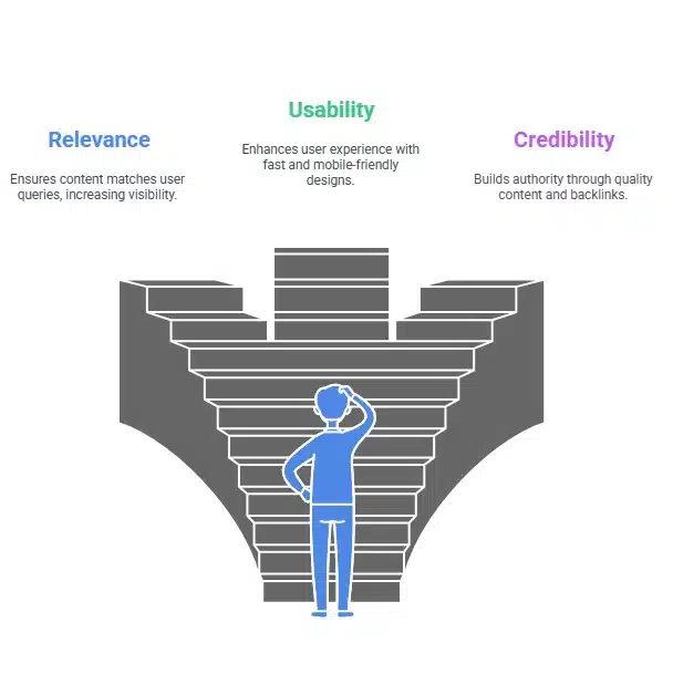 Illustration of a person standing at the bottom of a staircase with three paths leading upwards. Each path is labeled with a key factor for website success: Relevance, Usability, and Credibility.