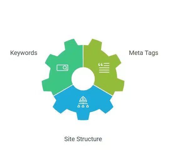 Image of a gear divided into three colored sections. The top left green section is labeled "Keywords" and contains a magnifying glass icon. The top right light green section is labeled "Meta Tags" and contains an icon of text lines. The bottom blue section is labeled "Site Structure" and contains an icon of a website sitemap. The graphic illustrates the three key components of SEO: Keywords, Meta Tags, and Site Structure.