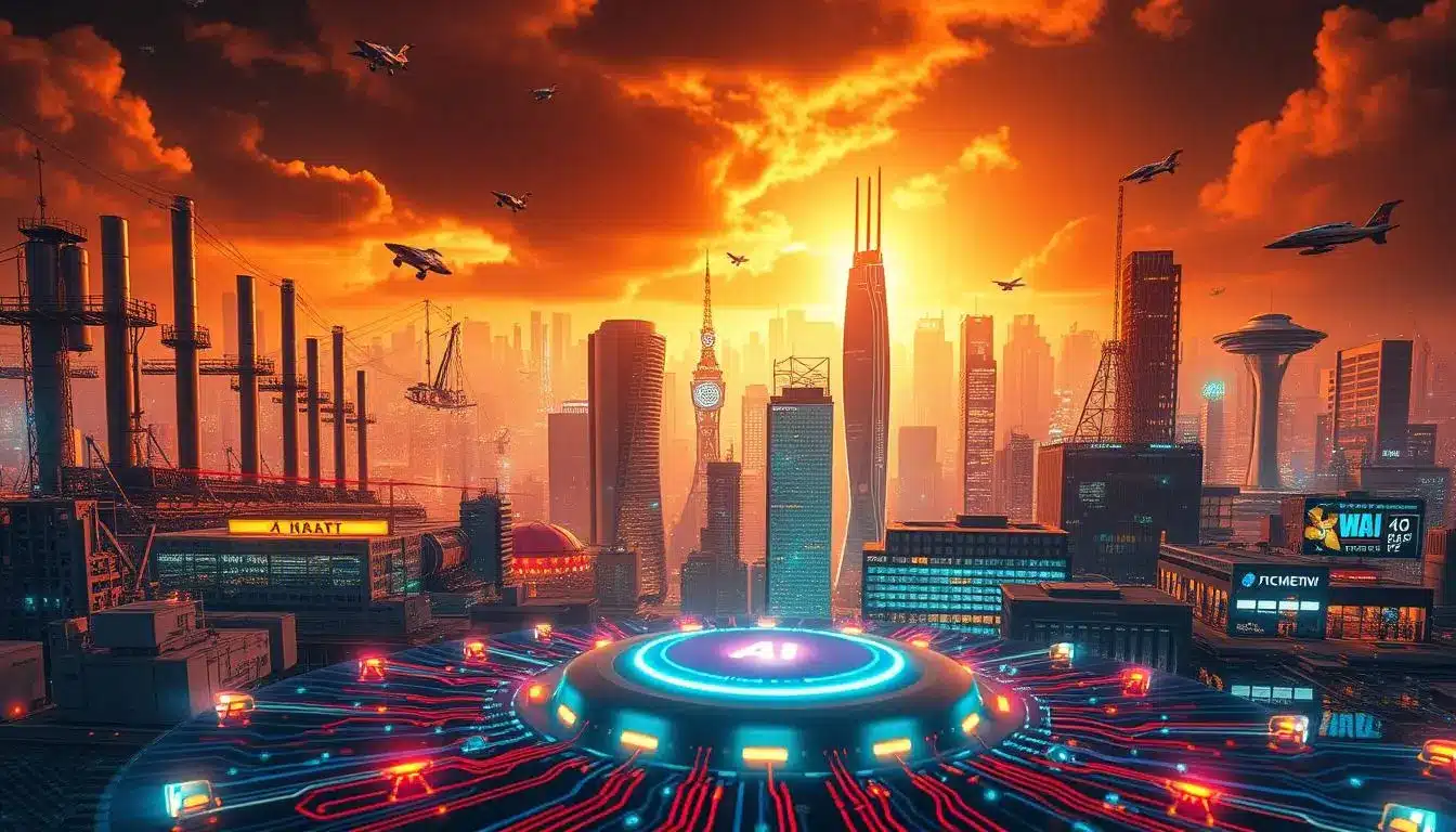 A futuristic cityscape at sunset showcases the AI transformation of different industry sectors, featuring towering skyscrapers, flying aircraft, and a glowing AI hub with advanced circuits in the foreground.