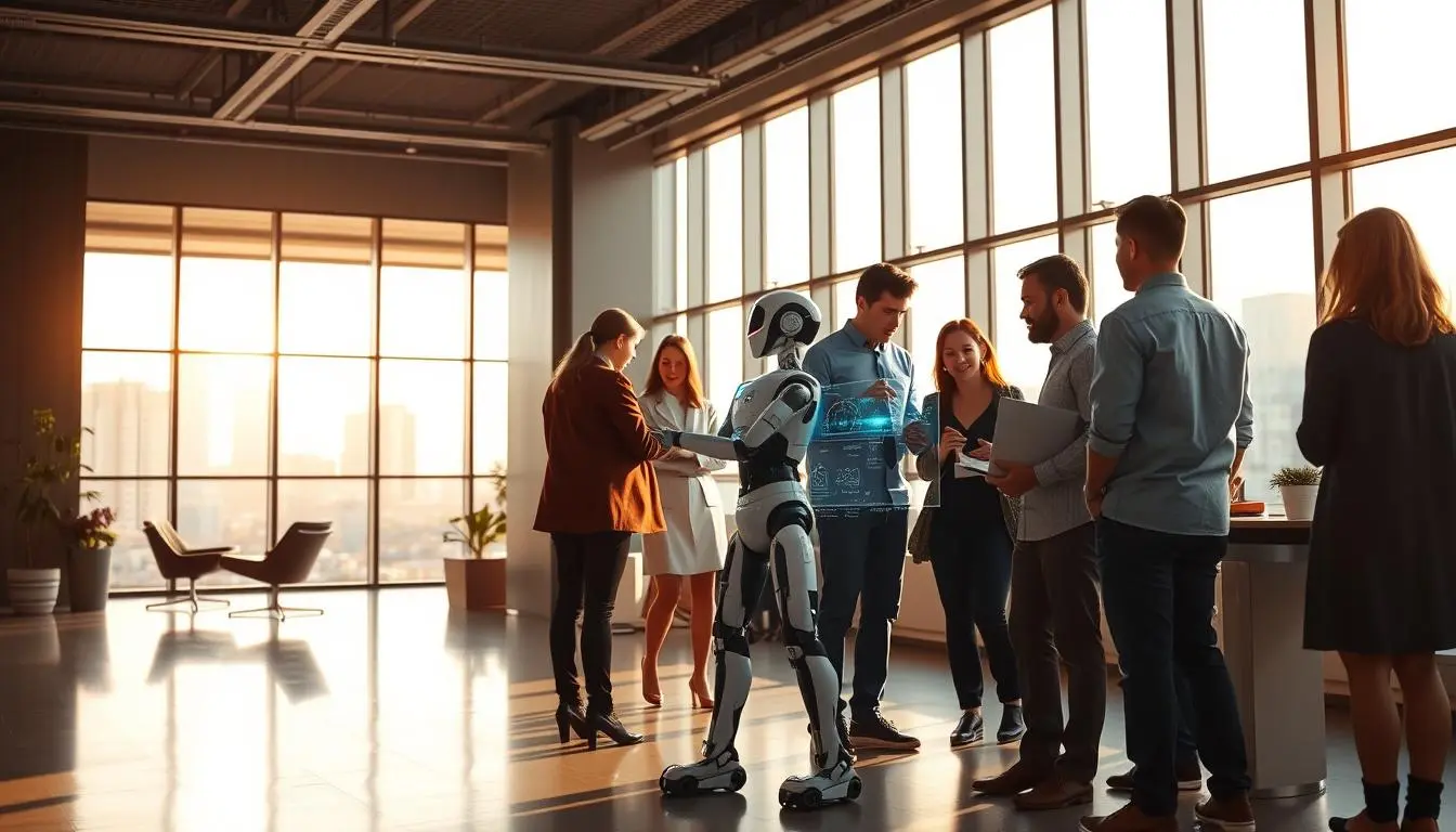 A humanoid robot interacts with professionals in a modern office, displaying a holographic interface.