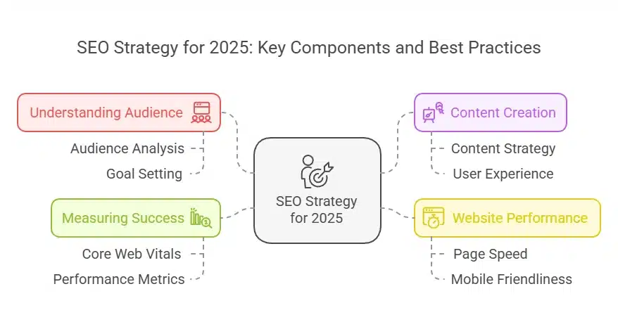 A mind map illustrating the key components and best practices of an SEO Strategy for 2025. At the center, a box labeled 'SEO Strategy for 2025' connects to four main categories: 'Understanding Audience' (red) with subpoints 'Audience Analysis' and 'Goal Setting'; 'Content Creation' (purple) with subpoints 'Content Strategy' and 'User Experience'; 'Website Performance' (yellow) with subpoints 'Page Speed' and 'Mobile Friendliness'; and 'Measuring Success' (green) with subpoints 'Core Web Vitals' and 'Performance Metrics