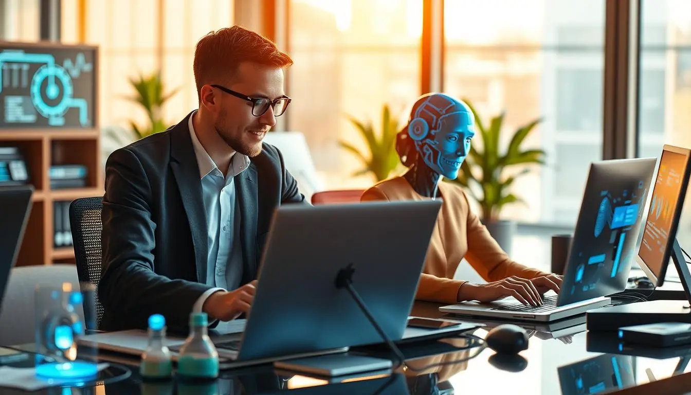 A professional man and an AI-powered humanoid work side by side in a modern office, highlighting the synergy between technology and human expertise. This scene emphasizes the importance of Human Skills That AI Cannot Replace, such as creativity, emotional intelligence, and critical thinking.