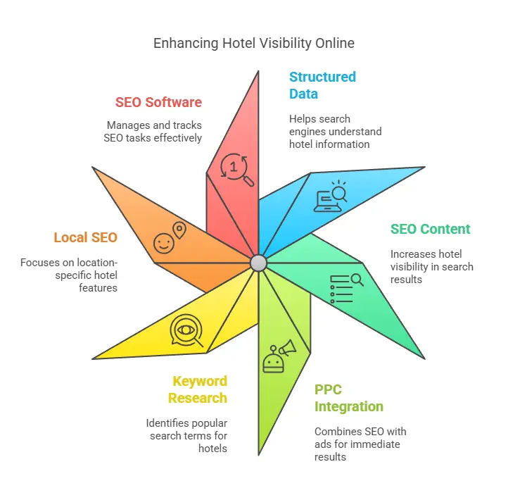 Infographic titled 'Enhancing Hotel Visibility Online' showcasing key on-page SEO for hotels strategies. A six-point star highlights: 'SEO Software' (red) for managing SEO tasks, 'Structured Data' (blue) to help search engines understand hotel details, 'SEO Content' (green) for boosting visibility, 'PPC Integration' (light green) combining SEO with ads, 'Keyword Research' (yellow) to identify popular search terms, and 'Local SEO' (orange) for optimizing location-based features. Each section includes a relevant icon, emphasizing essential on-page SEO for hotels techniques."