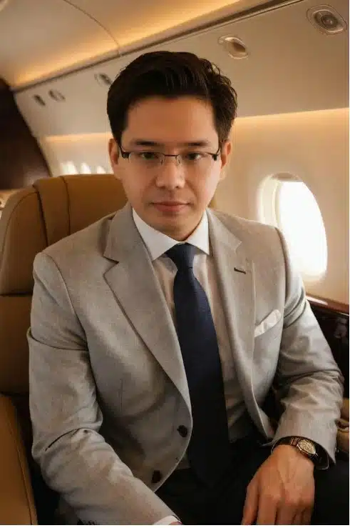 Wilfred Atiwag, a professional SEO specialist in the Philippines, sits confidently inside a private jet, dressed in a sharp light gray suit with a navy blue tie, exuding sophistication and success.