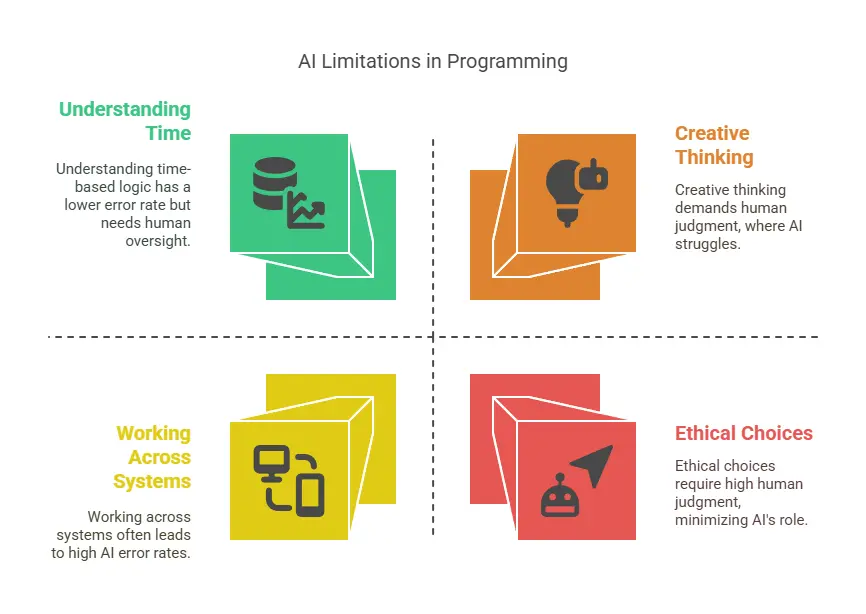 The infographic titled AI Limitations in Programming highlights four key challenges AI faces: Understanding Time, which requires human oversight despite a low error rate; Creative Thinking, where AI struggles due to the need for human judgment; Working Across Systems, which leads to high error rates; and Ethical Choices, where AI's role is minimized due to the complexity of human decision-making. Each limitation is visually represented with a colored 3D cube and an icon, making the concepts easy to understand.