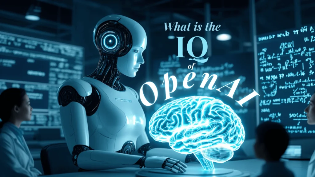 A futuristic humanoid AI robot sits in a high-tech laboratory, illuminated by a cool blue glow. In front of the robot, a holographic brain emits bright light, symbolizing artificial intelligence. Scientists in white lab coats observe the AI, while digital screens in the background display complex mathematical equations and data. The text "What is the IQ of OpenAI" is prominently displayed in a stylish font, blending seamlessly with the high-tech atmosphere.